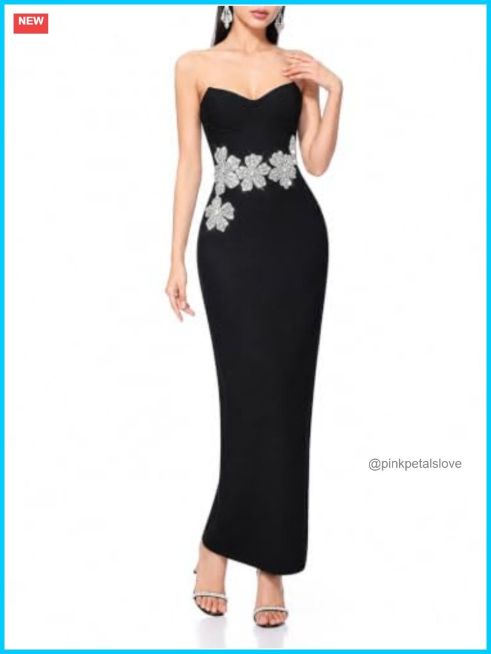 Strapless Bodycon Maxi Dress Rhinestone Floral Formal Gown